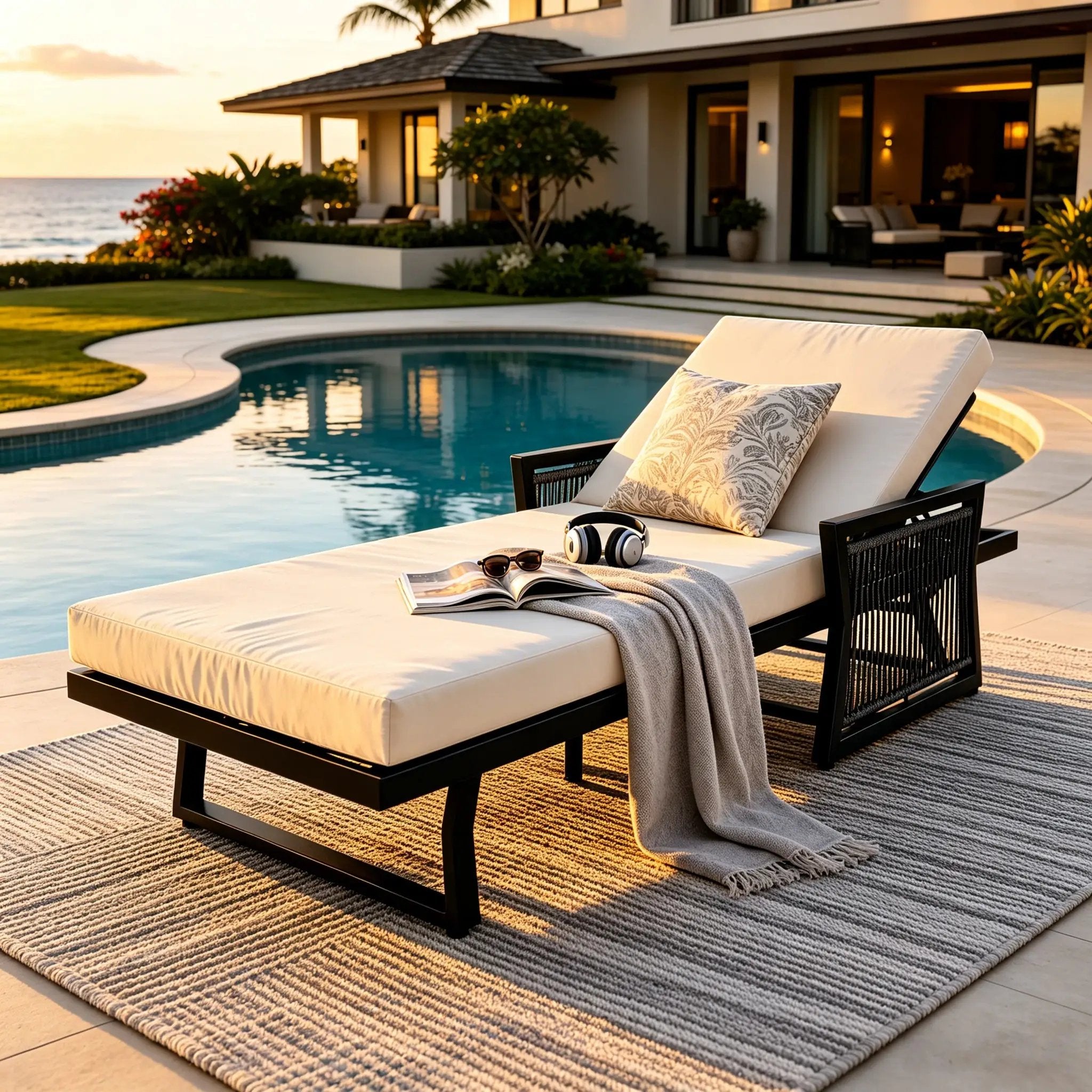 Black Iron Outdoor Chaise Lounge with Cream Cushion by HouseOfZazla