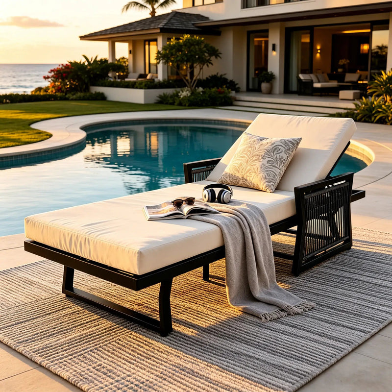 Black Iron Outdoor Chaise Lounge with Cream Cushion by HouseOfZazla
