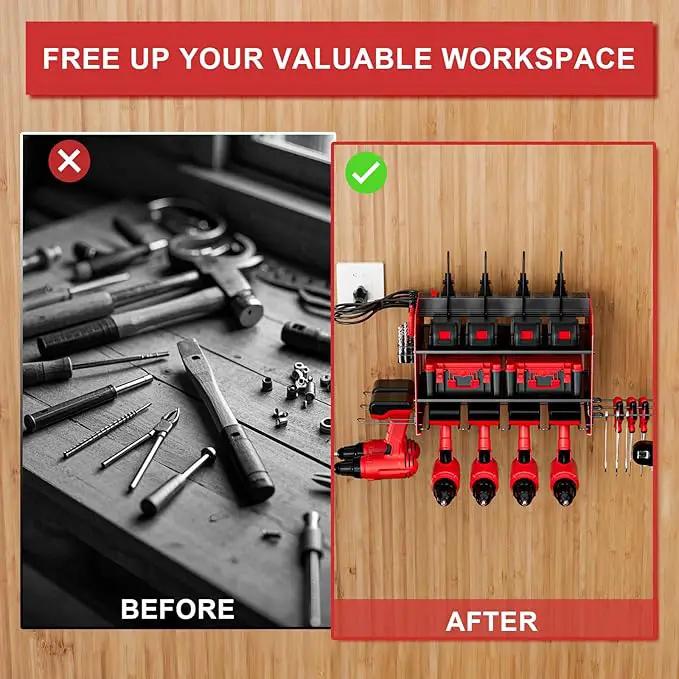 Power Tool Organizer with Charging Station, 6 Drill Holder Wall Mount, 3 Layer Garage Tool Organizer with Hooks, Screwdriver, Drill Bit Rack, Heavy Duty Utility Shelf for Garage, Gifts for Men by GreenHaven Gardens