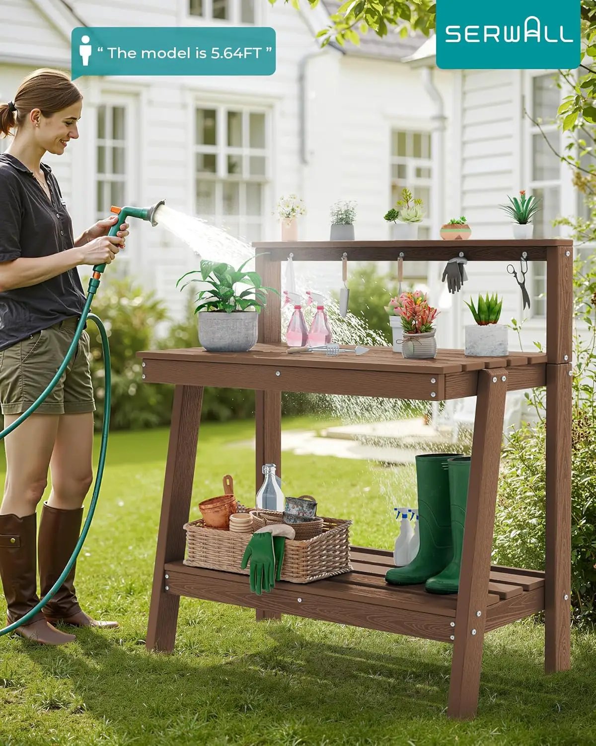 SERWALL Potting Bench Outdoor with Storage, 3-Tier HDPE Gardening Table with Angled Legs & Tool Hooks, All-Weather Heavy Duty Potting Table for Patio, Backyard, Garden, Brown by GreenHaven Gardens