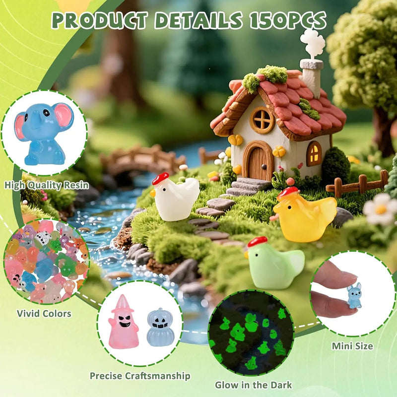 150 PCS Luminous Mini Resin Animals, Glow in The Dark Fairy Garden Decor, Mini Ducks Frogs Turtles Figurines for Aquarium, Terrarium, Slime Charms & Potted Plant Landscape Decoration by GreenHaven Gardens