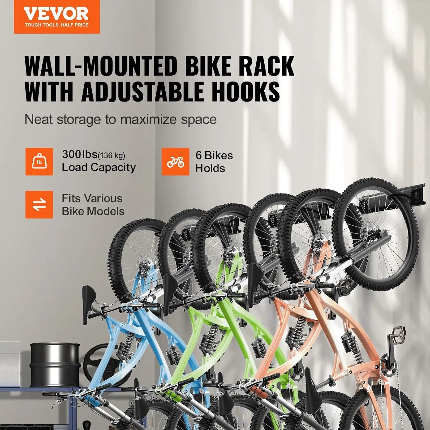 VEVOR Bike Storage Rack, 6 Bike Racks and 5 Helmets Hooks, Wall Mount Bike Storage Hanger, Home & Garage Organizer, Customizable for Various Bike Sizes, Adjustable Holder, Holds Up to 300 lbs, 64-inch by GreenHaven Gardens