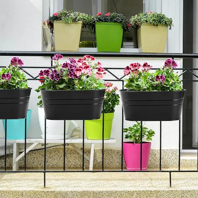 Foraineam 6 Pack Hanging Flower Pots, Metal Iron Hanging Planter Plant Pot Holders for Railing Fence Balcony, Black Hanging Bucket Pots Outdoor Porch Decors with Detachable Hooks and Drain Holes by GreenHaven Gardens