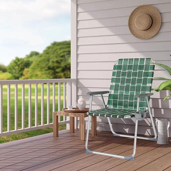 VINGLI Folding Webbed Oversized Lawn Chairs with Detachable Cup Holder, 300 LBS High Beach Chair for Adults Heavy Duty, Portable Aluminum Patio Chair for Yard, Garden, 2 Pack,Dark Green by GreenHaven Gardens