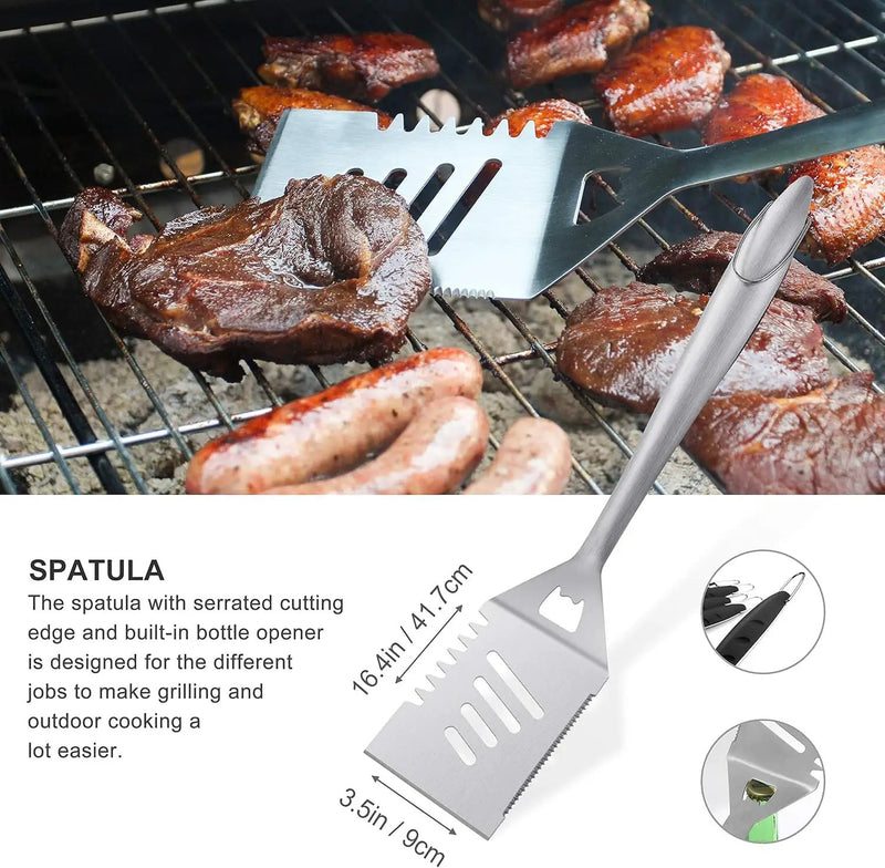Grilljoy 8PCS Heavy Duty BBQ Grill Tools Set with Extra Thick Stainless Steel Spatula, Fork, Tongs & Cleaning Brush - Complete Barbecue Accessories Kit with Portable Bag - Perfect Grill Gifts for Men by GreenHaven Gardens