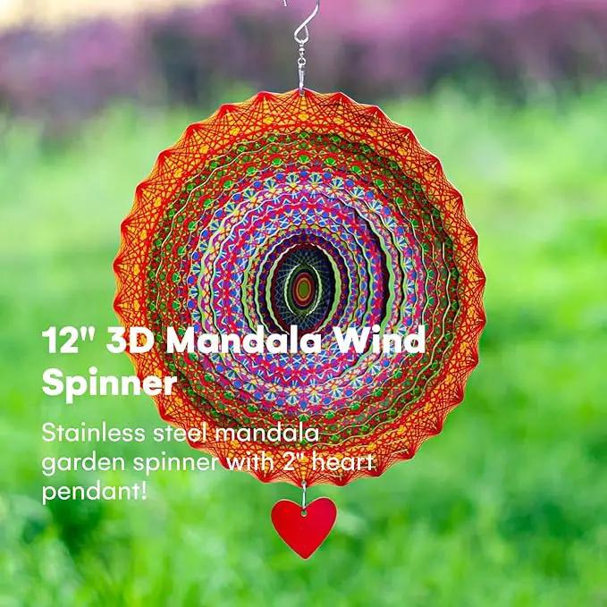 SteadyDoggie 12-Inch Wind Spinner Mandala Thangka - 3D Stainless Steel Laser Cut Metal Art - Reflective Geometric Pattern Kinetic Yard Decoration - Hanging Wind Spinners for Indoor and Outdoor Use by GreenHaven Gardens