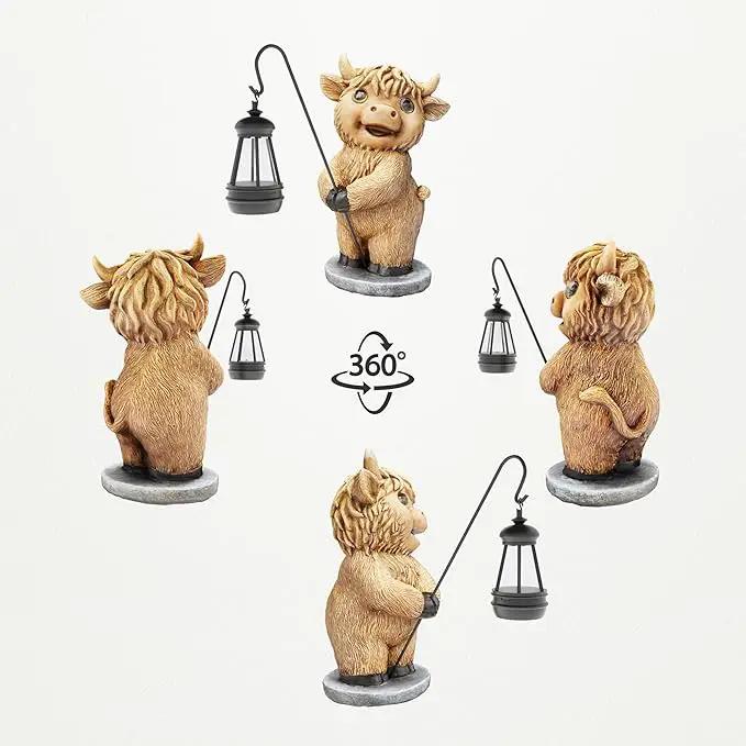 Highland Cow Statues with Solar Lights, Highland Cow Resin Figurine Lights, Highland Cow Ornaments for Patio, Balcony, Indoor Decoration and as Gifts by GreenHaven Gardens