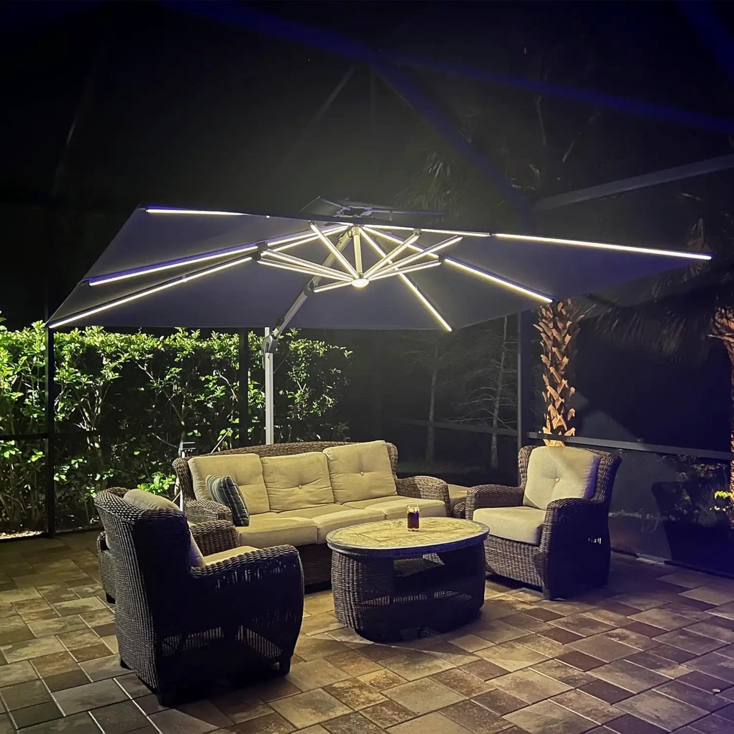 PURPLE LEAF 10 Feet Double Top Deluxe Solar Powered LED Square Patio Umbrella Offset Hanging Umbrella Outdoor Market Umbrella Garden Umbrella, Navy Blue by GreenHaven Gardens