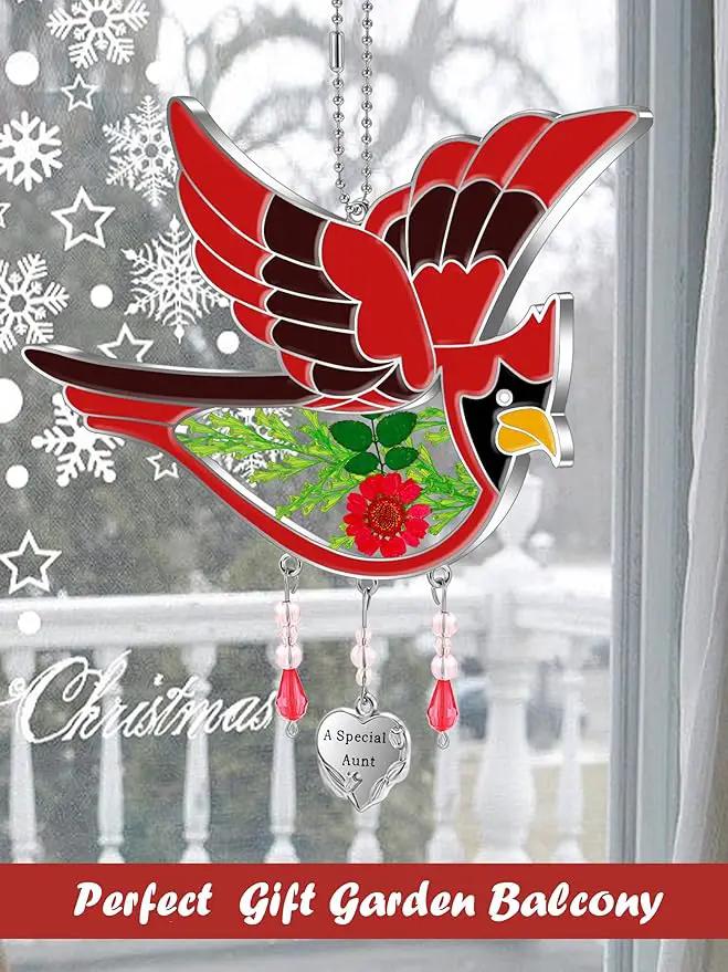 KY&BOSAM Cardinal Suncatcher A Special Aunt Had-Painted with Pressed Real Flower Wings Mother's Day Glass Hanging for Window Ornament with Metal Heart Charm Birthday Gift for Women Unique by GreenHaven Gardens