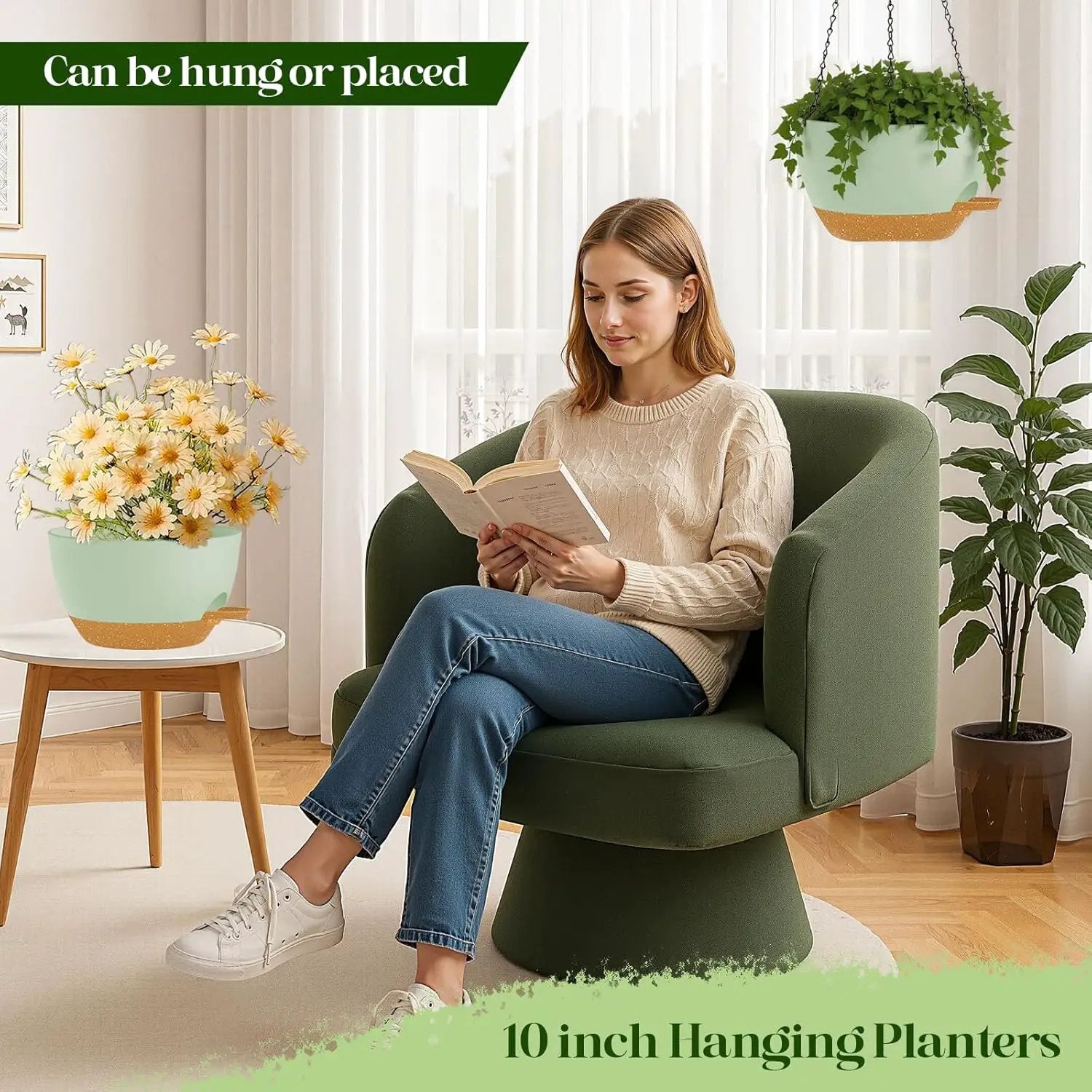 10 Inch Hanging Planters with Chains 2 Pack Self Watering Green Brown Plastic Hanging Pots for Indoor Outdoor Plants, Garden Porch Home Decor (Green Brown) by GreenHaven Gardens