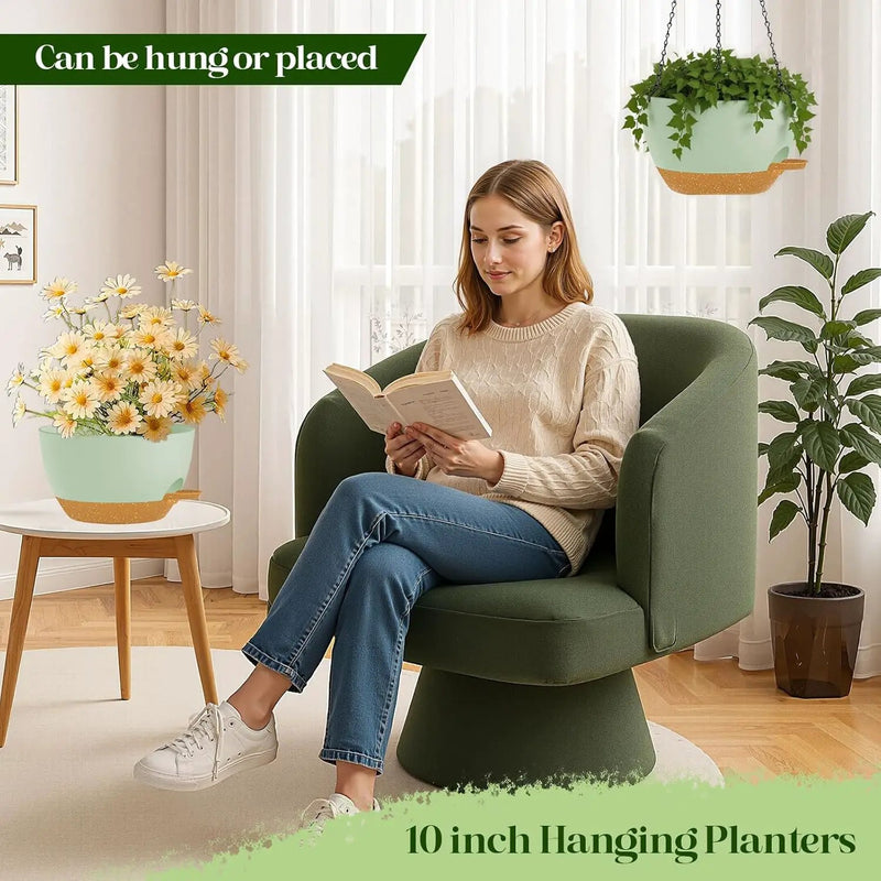 10 Inch Hanging Planters with Chains 2 Pack Self Watering Green Brown Plastic Hanging Pots for Indoor Outdoor Plants, Garden Porch Home Decor (Green Brown) by GreenHaven Gardens