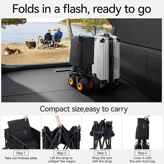 DXZ Beach Wagon Cart with Big Wheels for Sand – Folding Collapsible Wagon, Heavy Duty Wagons Carts Foldable for Beach, Camping, Outdoor Gear, Easy Setup Black Yellow by GreenHaven Gardens