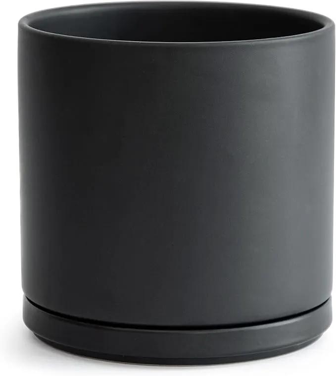 D'vine Dev 10 Inch Ceramic Planter Pot with Drainage Hole and Saucer, Indoor Cylinder Round Planter Pot, Black, 94-O-E-2 by GreenHaven Gardens