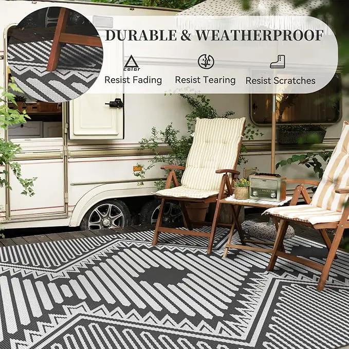 MontVoo Outdoor Rug-Waterproof Patio Rug Mat 5x8 Outdoor Carpet Mat Reversible Plastic Straw Outside Outdoor Rug for RV Camping Picnic Beach Balcony Backyard Pool Deck Porch Modern Boho Grey by GreenHaven Gardens