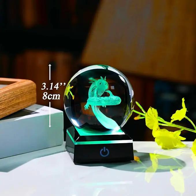 Axolotl Glass Animals Gamer Room Decor - 3D Crystal Ball Night Light Statue, 3.15'' Gamer Gifts for Kids by GreenHaven Gardens