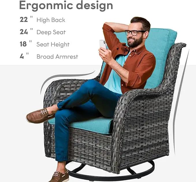 Outdoor Swivel Rcoker Wicker Chairs - Swivel Patio Chairs Set of 2 Patio Furniture Sets with Covered Cushion for Porch Deck Balcony Backyard, Turquoise Cushion by GreenHaven Gardens