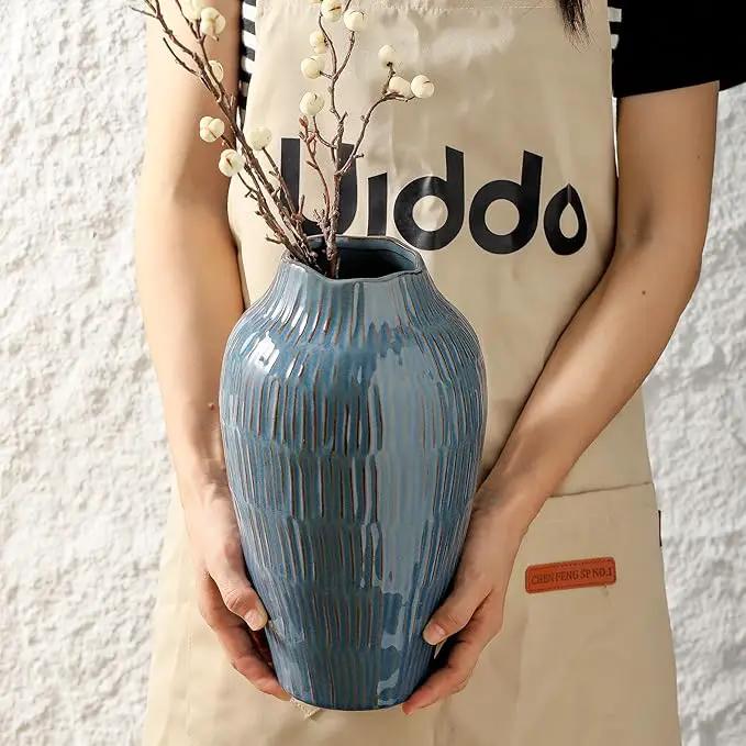 Blue Ceramic Vase for Home Decor,11.6 Inch Flower Vase，Decorative Vases for Pampas Grass，Modern Art Texture Vases for Home Entryway Living Room Dining Table Farmhouse Office Decor-Blue by GreenHaven Gardens