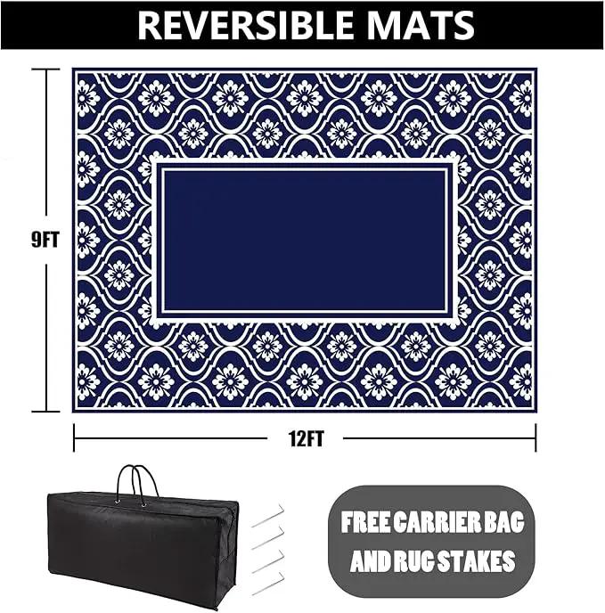 RV Outdoor Rug Waterproof Mat 9'x12' Camping Carpet Blue Outside Area Rugs Reversible Rugs for Deck Entryance Porch Picnic Balcony Beach by GreenHaven Gardens