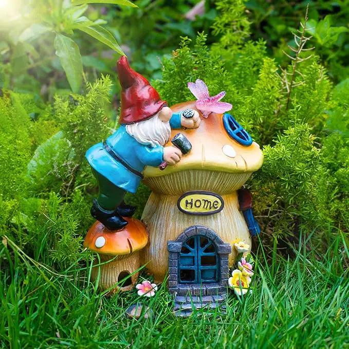 Garden Gnome Statues Figurine Lights - Solar Powered Lighting Outdoor Decorations, Gnome Build Mushroom House, Yard Art Lawn Ornaments for Porch Patio Balcony - Gnome Gifts for Women Mom by GreenHaven Gardens