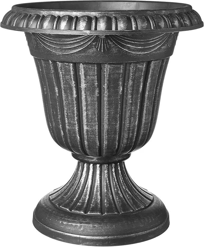 PL10SL Classic Traditional Plastic Urn Planter Indoor/Outdoor, 15" x 13", Brushed Silver by GreenHaven Gardens