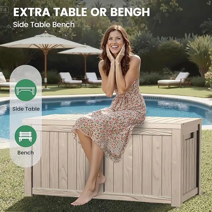 120 Outdoor Storage Box, Waterproof Resin Deck Box for Indoor & Outdoor Use, Lockable Storage Bench with Piston Hinge, Storage Bin for Patio Cushions, Garden Tools, Package Delivery, Grey by GreenHaven Gardens