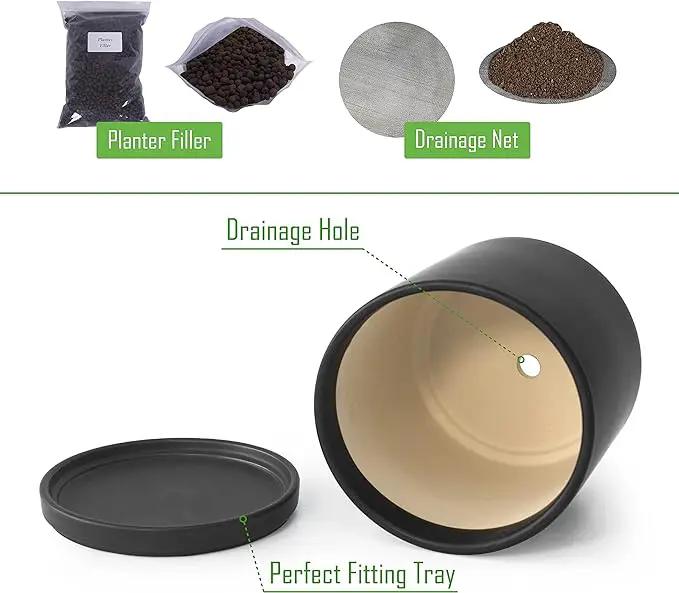 D'vine Dev 10 Inch Ceramic Planter Pot with Drainage Hole and Saucer, Indoor Cylinder Round Planter Pot, Black, 94-O-E-2 by GreenHaven Gardens