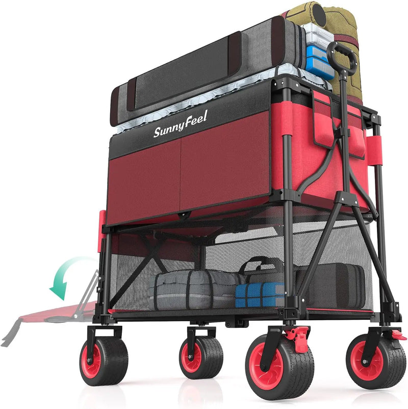 SUNNYFEEL Heavy Duty Collapsible Outdoor Utility Wagon Cart 500LB Capacity Adjustable Handlebar,Foldable Beach Wheels Stable Durable Oxford Fabric for Shopping Garden Camping (Red, Double Deck) by GreenHaven Gardens