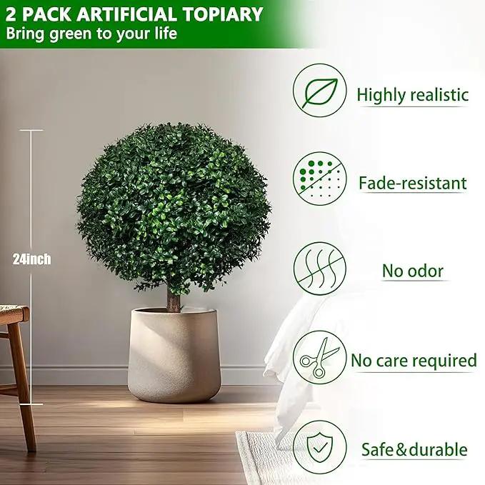 Artificial Boxwood Topiary Ball Tree Outdoor Set of 2,Artificial Boxwood Plants with Ground Spike,Faux Shrubs Fake Evergreen Tree UV Resistant,Diameter 17" by GreenHaven Gardens