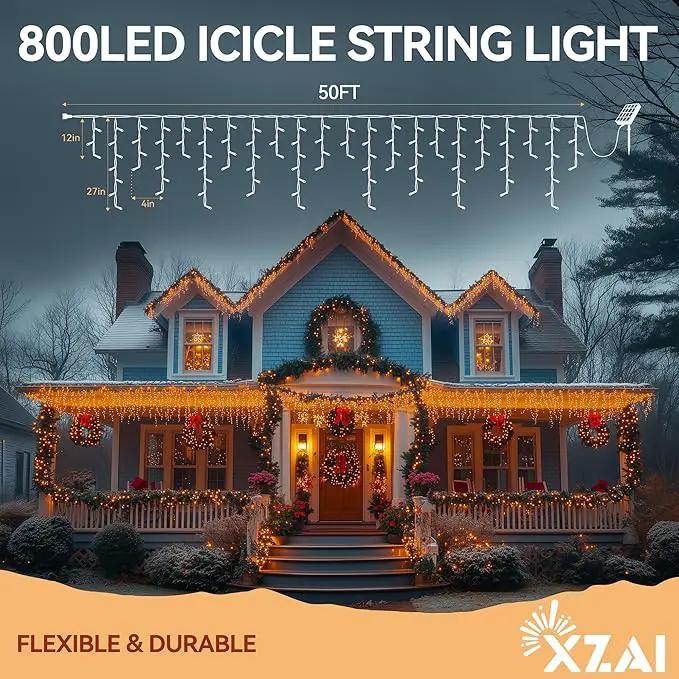 XZAI Solar Icicle String Lights 800LED 50FT Warm White Remote Connectable 2400mAh USB Rechargeable 8 Modes Timer Dimmable IP65 Waterproof Twinkle for Outdoor Christmas & Wedding & Party Decors by GreenHaven Gardens