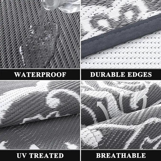 Pauwer Waterproof Outdoor Rug 6x9, Reversible Plastic Straw Patio Camping Rug, Indoor Outdoor RV Mat Carpet for Deck, Camper, Porch, Balcony, Backyard, Picnic, Boho Grey by GreenHaven Gardens