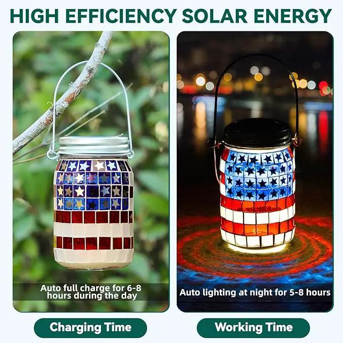 VOREEN 2 Pack Mosaic Solar Lanterns, Outdoor Glass Hanging Lights, Solar Table Lamps, Waterproof, American Flag Jar Lights Gifts, Patriotic Theme Decoration for Garden, Patio, Yard, Easter Gifts by GreenHaven Gardens