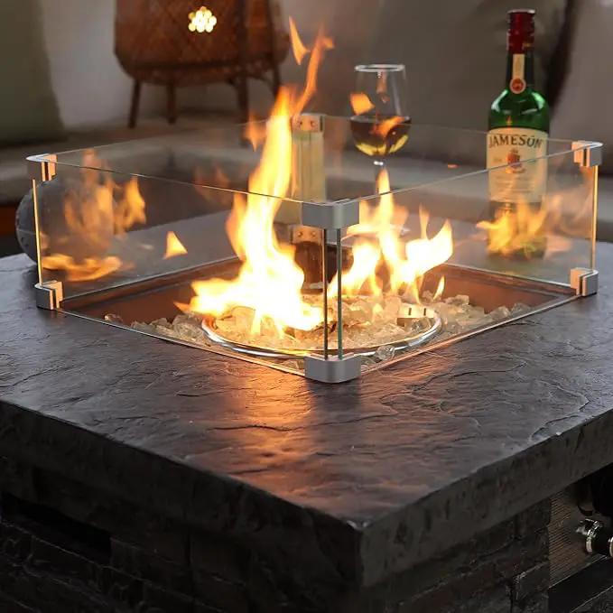 32" Outdoor Propane Fire Pit Table, Stone Fire Table Square Firepit w Glass Wind Guard(50,000 BTU), 2 Piece Slate Gas Fire Table in Deep Grey w Fire Glass, Rain Cover for Outside, Backyard by GreenHaven Gardens