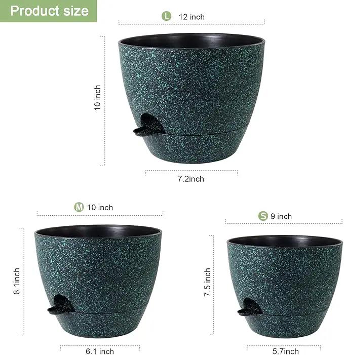 12/10/9 inch Large Self Watering Pots, Planter, Plant Pots with Mesh Drainage Holes for Indoor Outdoor Garden Plants, Plastic Flower Pots with Deep Reservoir, Black with Green Speckles by GreenHaven Gardens