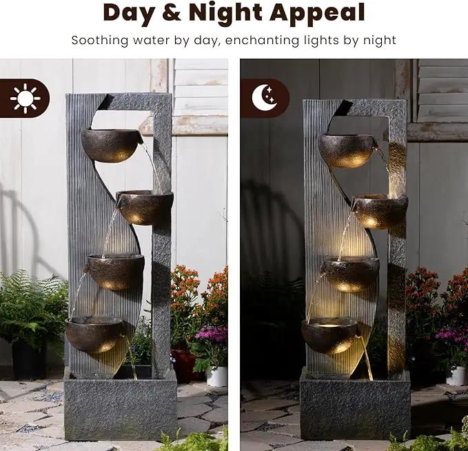 5-Tier Cascading Outdoor Fountain with LED Lights, 49.2" Tall Resin Waterfall Fountain for Garden, Patio, Backyard - Freestanding Water Feature by GreenHaven Gardens