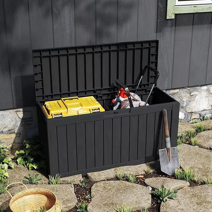 90 Gallon Lockable Resin Deck Box with Wheels, Waterproof & UV-Resistant Outdoor Storage Box for Outdoor Cushion Storage, Garden Tools & Pool Accessories Storage, Black by GreenHaven Gardens