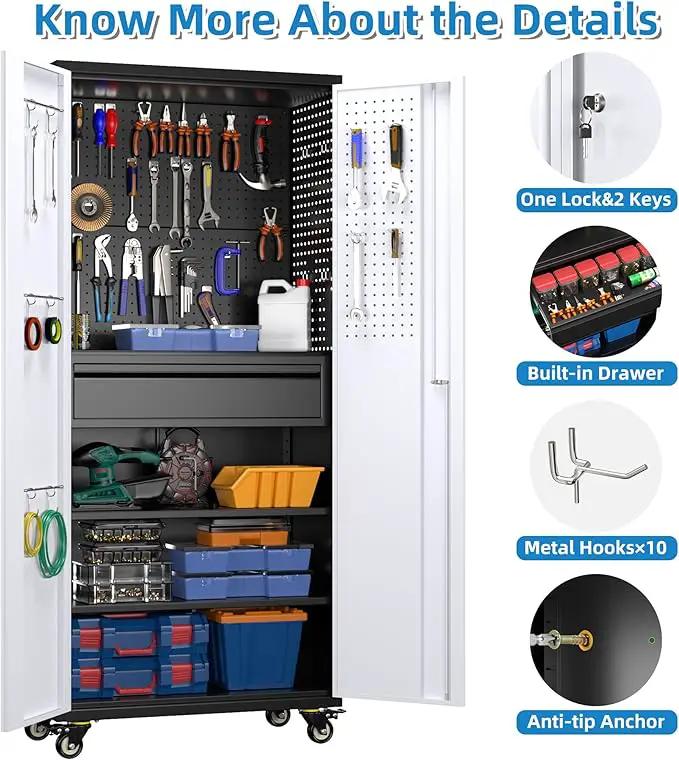 Metal Garage Cabinet with Wheels,71''H Rolling Lockable Steel Tool Storage Cabinet with Pegboard &1 Drawer for Garage,Home,Office,Black Gray, Assembly Required by GreenHaven Gardens