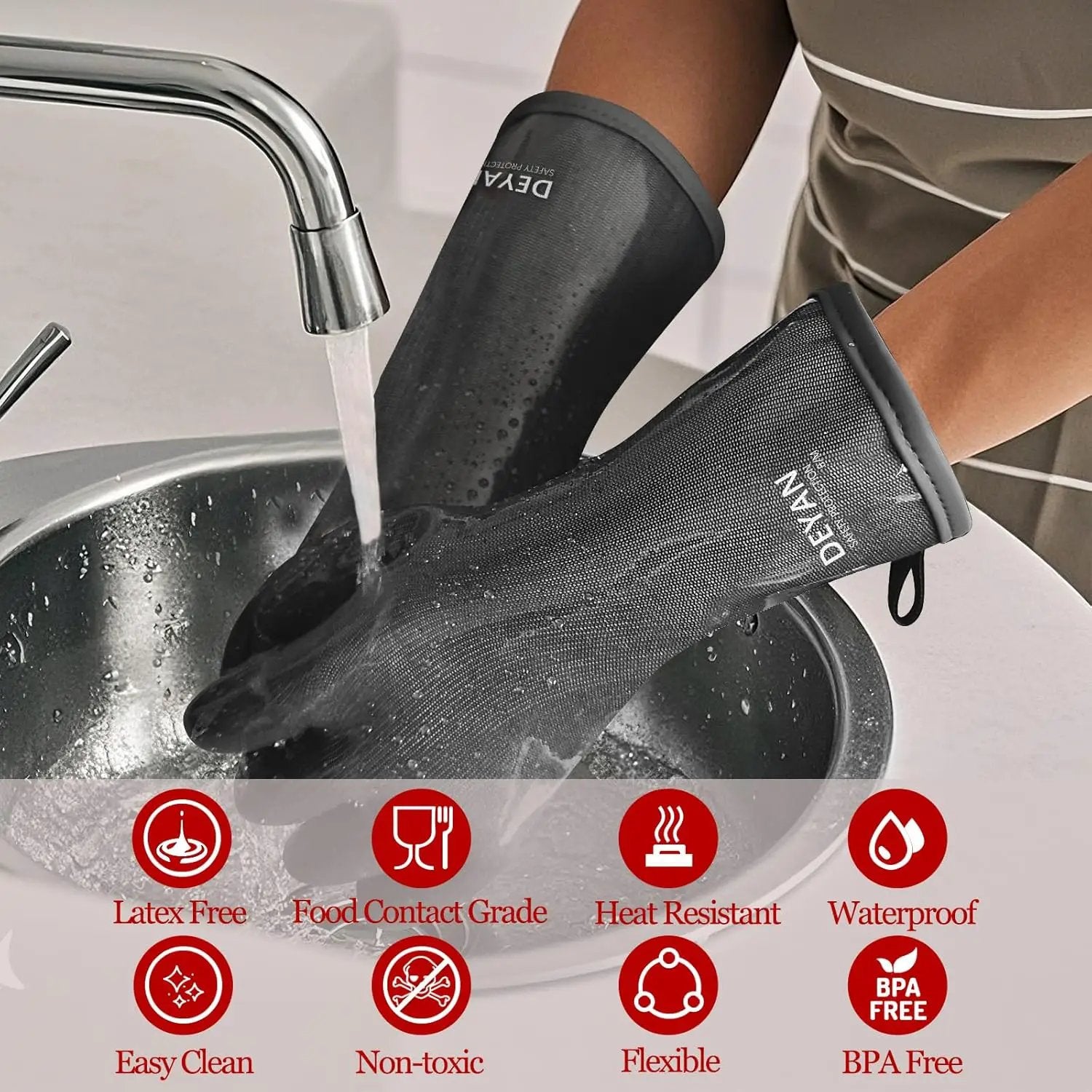 DEYAN Silicone BBQ & Oven Gloves - Food Grade, Heat Resistant Waterproof & Oil Proof Gloves for Grilling, Baking, Frying, Cooking - Long Sleeve & Non-Slip Grip, 1 Pair(Black, 8/M) by GreenHaven Gardens
