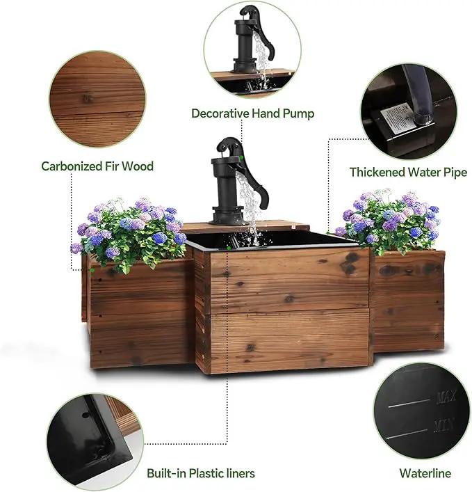 Outdoor Water Fountain,Floor Wooden Rectangular Pump Old-Fashioned Fountain with Flower Box,Electric Decorative Hand Pump, Outdoor Water Feature for Garden Patio Backyard by GreenHaven Gardens