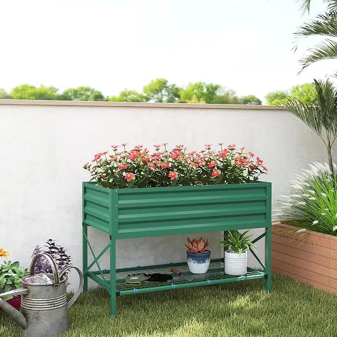 Outsunny Raised Garden Bed with Galvanized Steel Frame, Storage Shelf and Bed Liner, Elevated Planter Box with Legs for Vegetables, Flowers, Herbs, Green by GreenHaven Gardens
