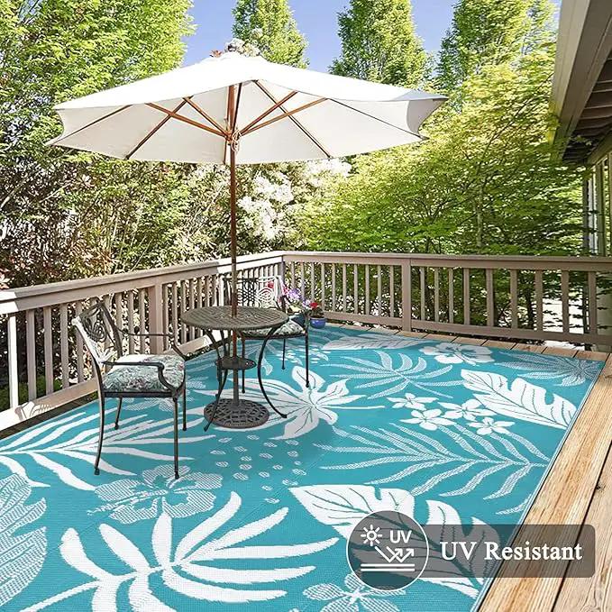 Pauwer Waterproof Outdoor Rug 6x9, Reversible Plastic Straw Patio Camping Rug, Indoor Outdoor RV Mat Carpet for Deck, Camper, Porch, Balcony, Backyard, Picnic, Floral Teal by GreenHaven Gardens