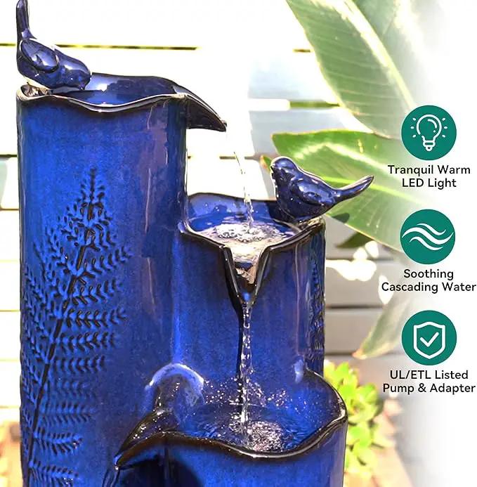 32" H Ceramic Outdoor Water Fountain with LED Lights, 4-Tier Vase Outdoor Fountain, Cobalt Blue Glaze, Embossed Fern Pattern, Cascading Waterfall for Tranquil Garden, Patio, or Porch by GreenHaven Gardens
