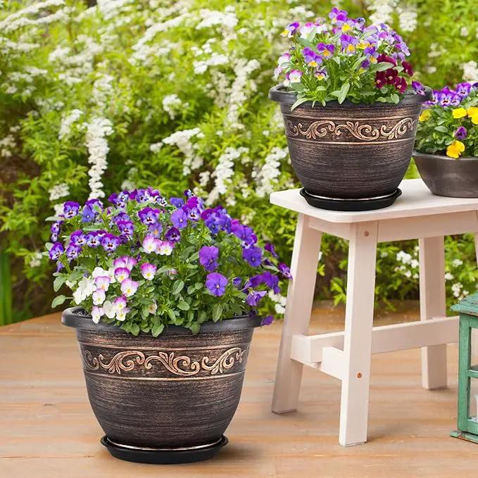 Plastic-Plant-Flower-Planters-16 Inch with Drainage Hole & Saucer, 3 Packs Lightweight Small Resin Flower Pot Indoor Outdoor, Retro Antique Imitation Decorative Garden Containers Sets for Houseplants by GreenHaven Gardens