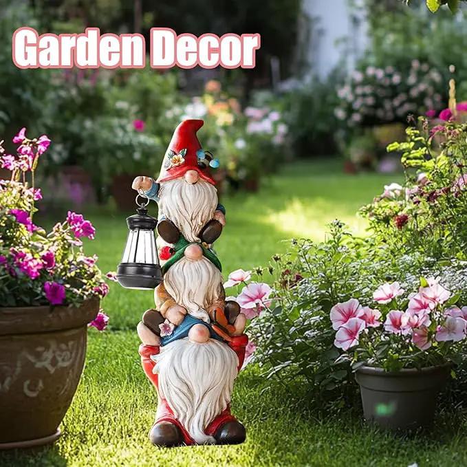 Garden Gnome Statue with Solar Lights Large Garden Sculptures Funny Triple Gnome Outdoor Patio Lawn Yard Balcony Garden Home Decor Gifts for Women Mom 12 in Spring Summer Gnomes Outdoor by GreenHaven Gardens