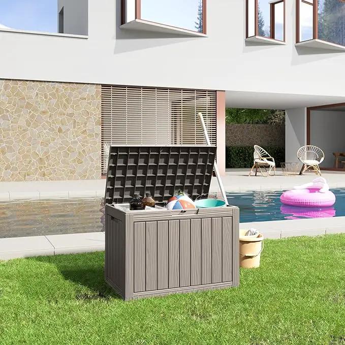 45 Gallon Resin Deck Box, Lockable Patio Outdoor Storage Box for Furniture, Garden Tools and Tools Storage, Waterproof Outside Storage Boxes - Grey by GreenHaven Gardens