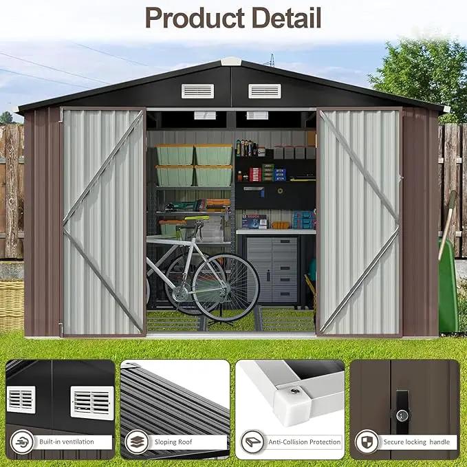 Aoxun 9.4x7.3x6.5 FT Outdoor Storage Shed, Garbage Can, Outdoor Metal Shed for Tool, Garden, Bike, Placed in Patio, Garden Brown Base Included by GreenHaven Gardens