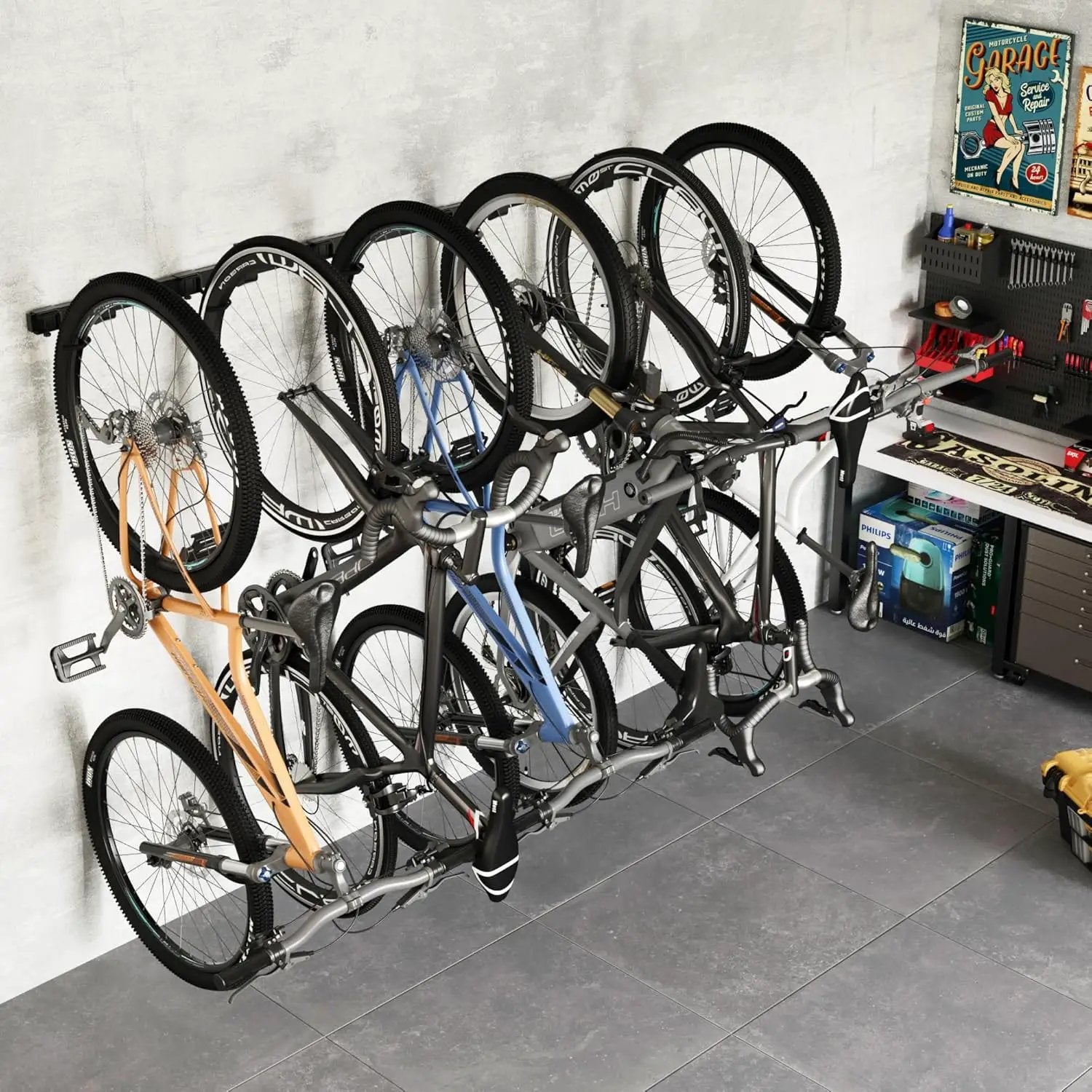 monTEK Enhanced Garage Bike Rack, Adjustable 6 Bike Hangers for Garage, Equipped with 78.5in Extended Rail to Accommodate Various Bicycle Sizes, Heavy-Duty Steel Bike Wall Mount, Max Capacity 330 lbs by GreenHaven Gardens