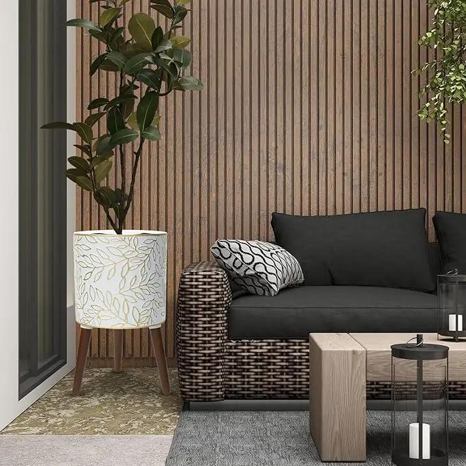 12inch Plant Pots with Wood Planter Holder Indoor Flower Pot with Gold Floral Embossed Modern Planters with Drainage Holes for Living Room, Office, Garden or Balcony by GreenHaven Gardens