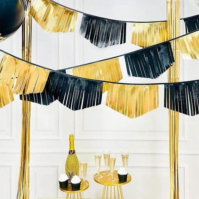 Black and Gold Tassel Banner Double Sided Metallic Fabric Pennant Bunting Flag Garland for Graduation Anniversary Bachelorette Birthday Engagement Wedding Bridal Shower Hen Party Decorations Supplies by GreenHaven Gardens