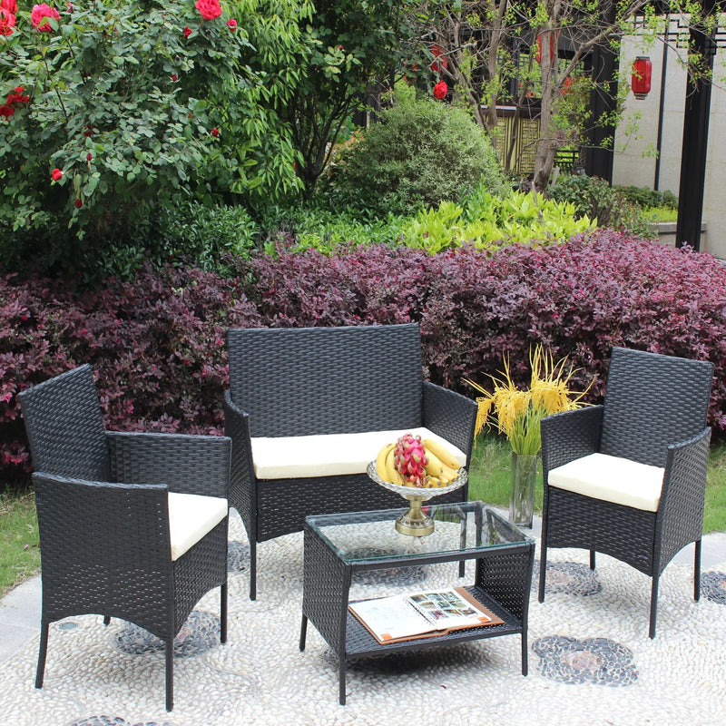 4 PC Rattan Patio Furniture Set Outdoor Cushioned Wicker Sofa by HouseOfZazla