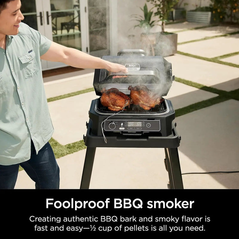 Ninja | Grill & Smoker | Outdoor Woodfire Pro XL | 4 in 1 Grill, BBQ Smoker, Air Fryer & Bake | Portable | Includes Built in Thermometer & 2 Woodfire Pellet Packs | Dark Grey | OG850 by GreenHaven Gardens